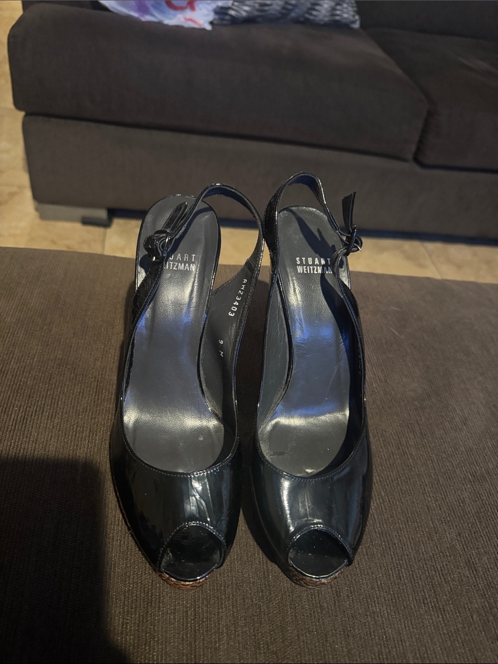Stuart Weitzman Black Patent Peep-Toe Slingback Heels with Bow